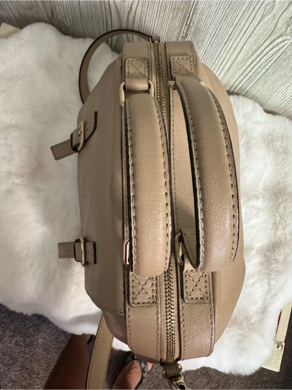 kate spade taupe leather satchel with buckled flap- Allen Street Raquelle